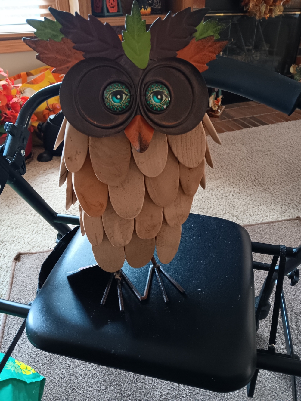Brown and Green Metal Leaf And Wood Owl Accent